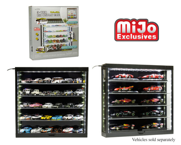 MIJO Showcase 5-Tier LED Wall Mountable Display Case – Black Case with Black Rear Panel – MiJo Exclusives