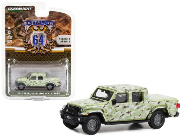 (PRE ORDEN) Greenlight 2022 Jeep Gladiator Pickup Truck "U.S. Army" Military-Spec Camouflage "Battalion 64" Series 3 1/64 Diecast Model Car by