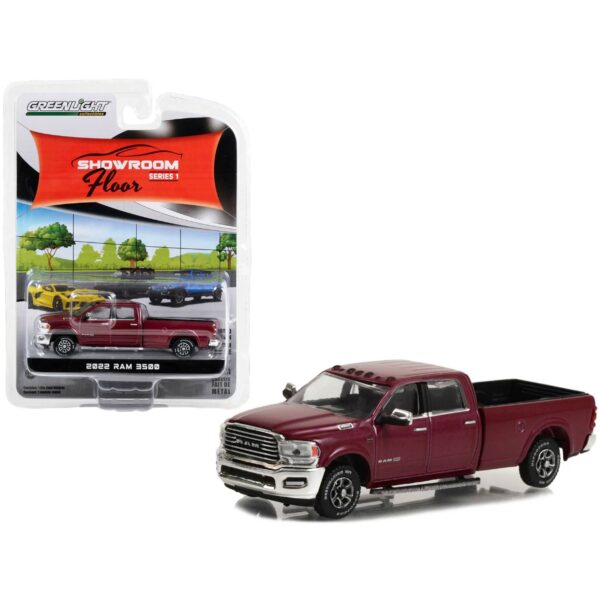 PRE ORDEN GREENLIGHT 2022 RAM 3500 LIMITED LONGHORN PICKUP TRUCK DELMONICO RED METALLIC "SHOWROOM FLOOR" SERIES 1 1/64 DIECAST MODEL CAR BY GREENLIGHT