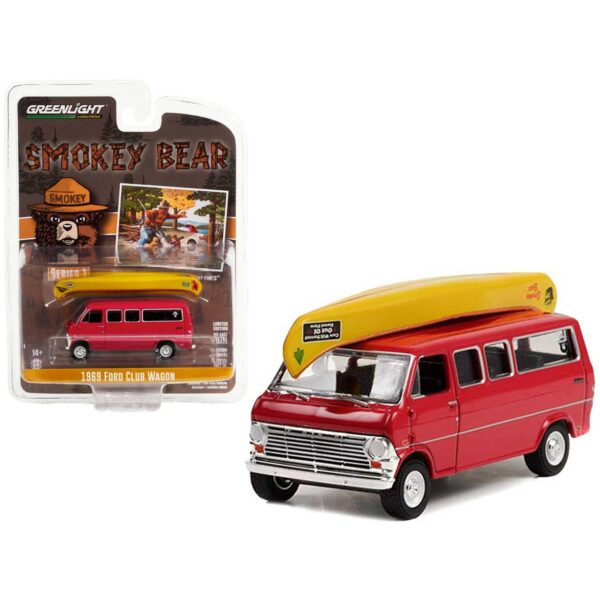 PRE ORDEN GREENLIGHT 1969 FORD CLUB WAGON VAN RED WITH CANOE ON ROOF "CARE WILL PREVENT 9 OUT OF 10 FOREST FIRES!" "SMOKEY BEAR" SERIES 1