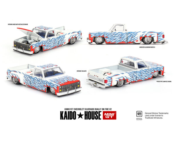 (Pre order ETA abril 2025) MINIGT Kaido House x Mini GT 1:64 Chevrolet Silverado Dually on Fire V2 – White Flames