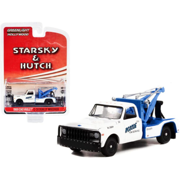 Greenlight 1/64 Model Tow Truck - 1969 Chevrolet C-30 Dually Wrecker White Roscoe